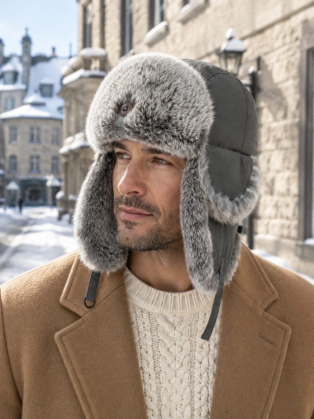 Paul Leinburd Crown Cap Rabbit Fur Aviator Trapper Hat L Grey